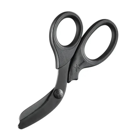 Black scissors with curved handles from XShear heavy duty trauma shears, black titanium coated