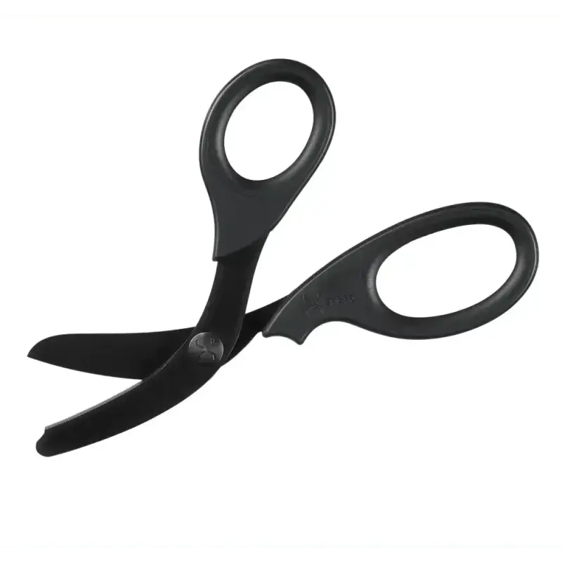 Black scissors with rounded handles, XShear Heavy Duty Trauma Shears, black titanium coated