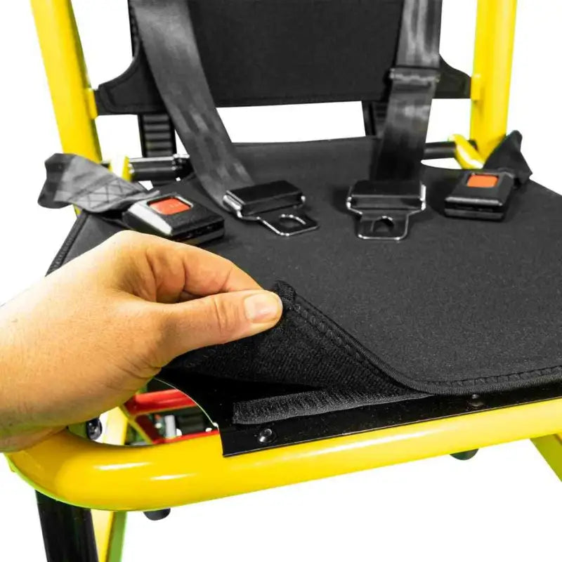 Black seat cushion with safety straps on LINE2design Motorized Mobile Stair Chair