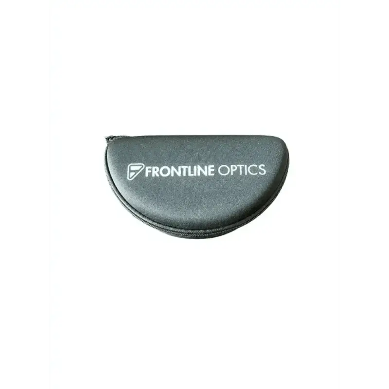 Black semi-circular sunglasses sport case with Frontline Optics branding