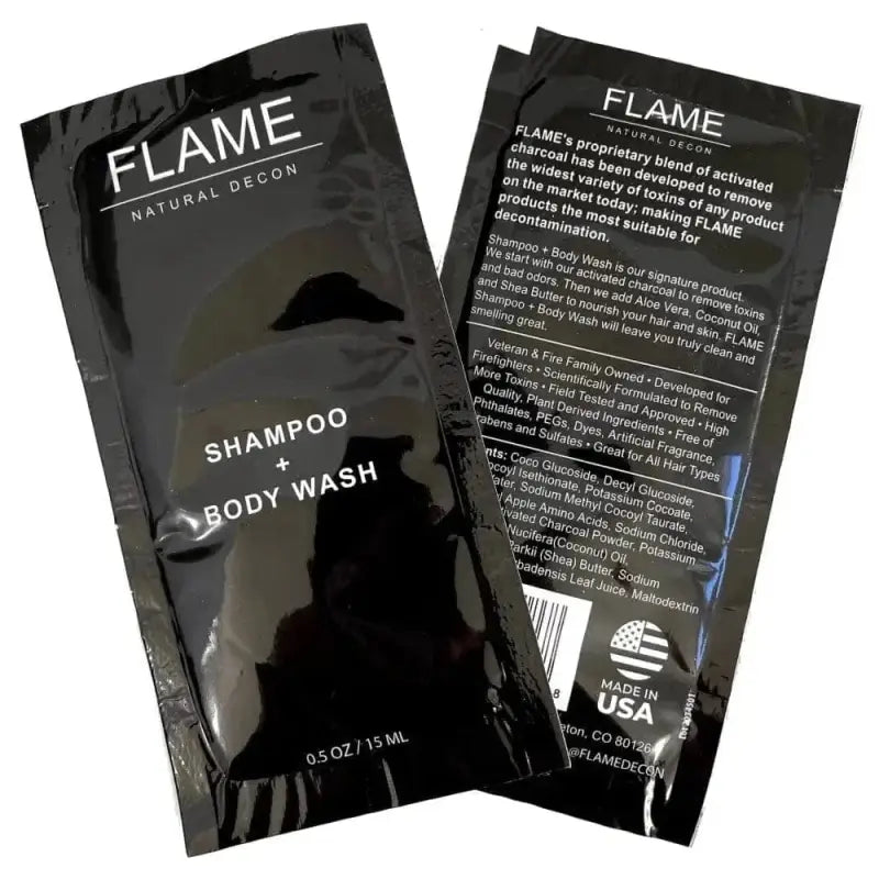 Black Shampoo and Body Wash packets from FLAME Natural Decor with activated charcoal