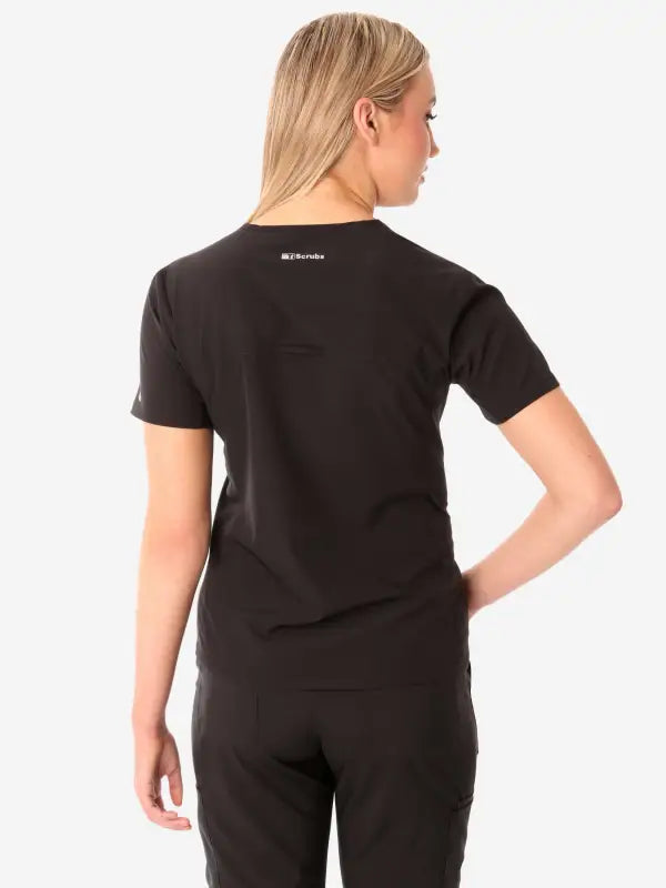 Black short-sleeved athletic t-shirt back view from Women’s Stash-Pocket Scrub Top