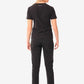 Black short-sleeved jumpsuit with straight-leg pants for women’s stash-pocket scrub style