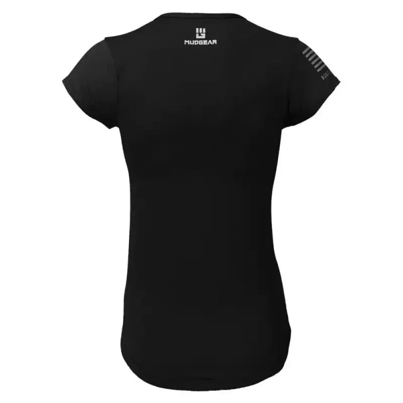 Black short-sleeved women’s fitted performance shirt showcasing MudGear Women’s style