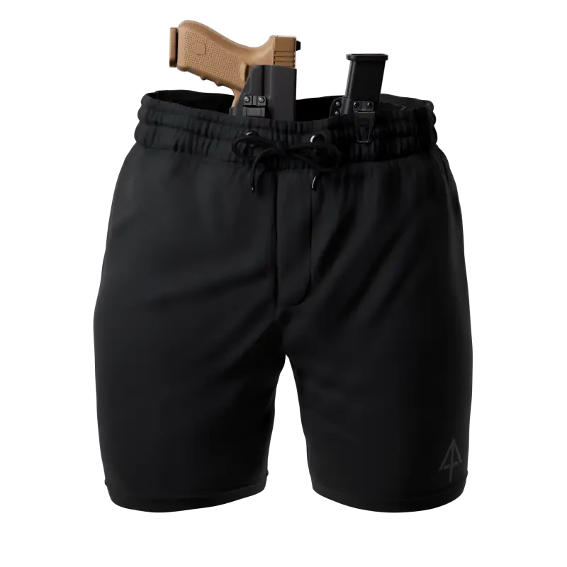 Black Carrier Shorts Mk.II with concealed carry firearm by Arrowhead Tactical Apparel