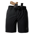 Black carrier shorts with holstered handgun for concealed carry by Arrowhead Tactical Apparel