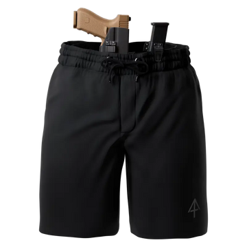 Black carrier shorts with holstered handgun for concealed carry by Arrowhead Tactical Apparel