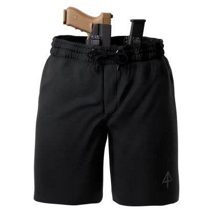 Black carrier shorts with holstered handgun for concealed carry by Arrowhead Tactical Apparel