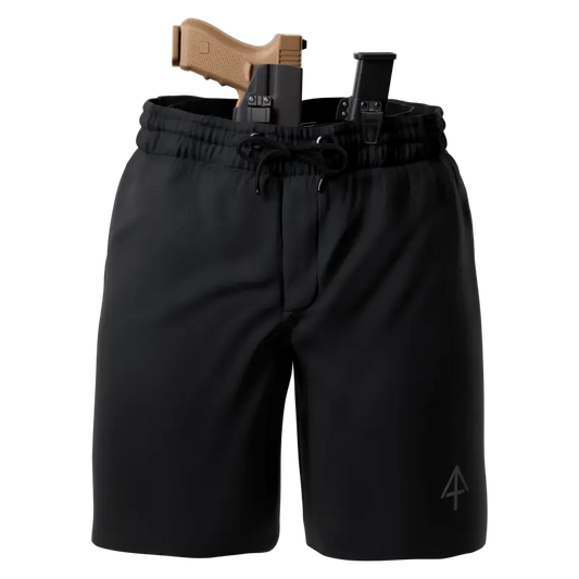 Black carrier shorts with holstered handgun for concealed carry by Arrowhead Tactical Apparel