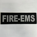 Black body armor sign with FIRE-EMS in silver letters for Redemption Tactical Level IIIA vest