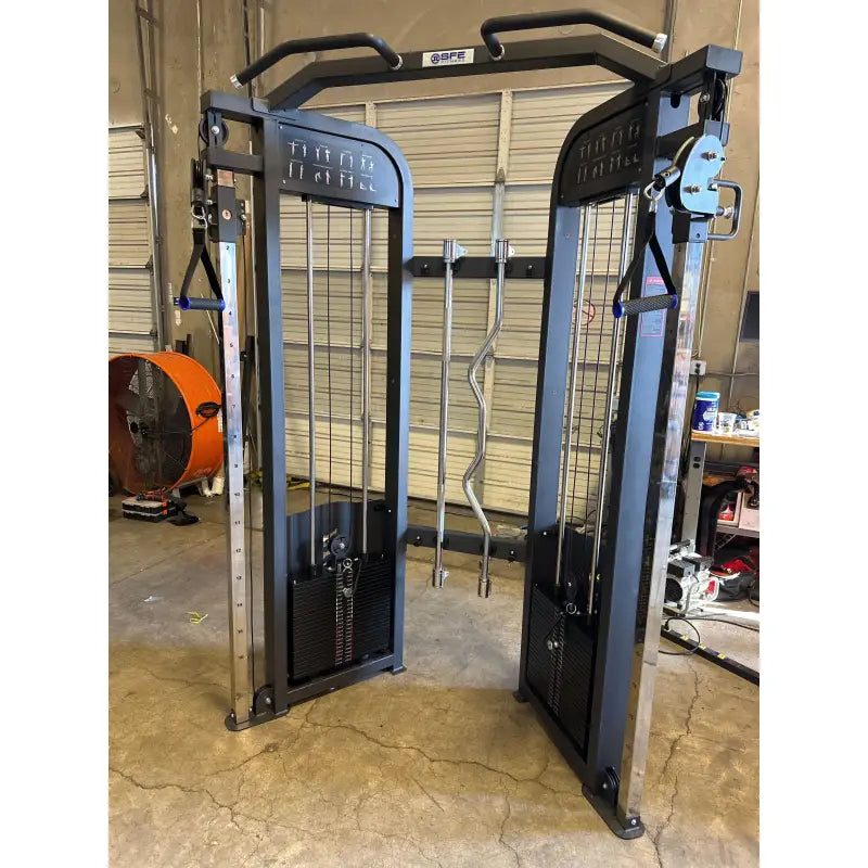 Black and silver cable crossover machine from SFE Commercial Functional Trainer with 250lb weight stack