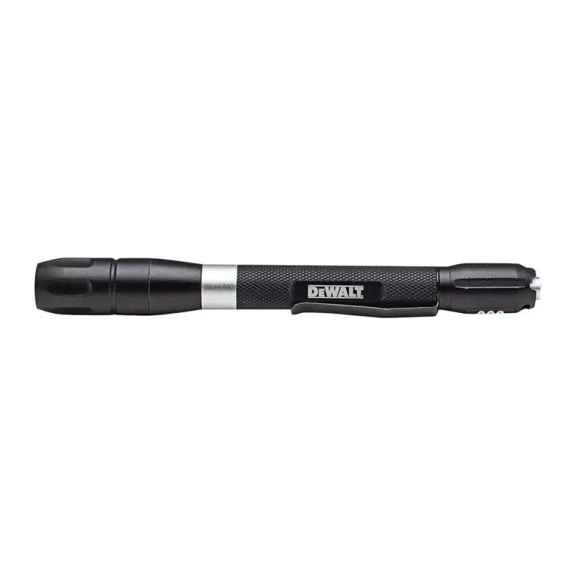 Black and silver DeWalt DWHT81425 100-lumen pen light with textured grip design