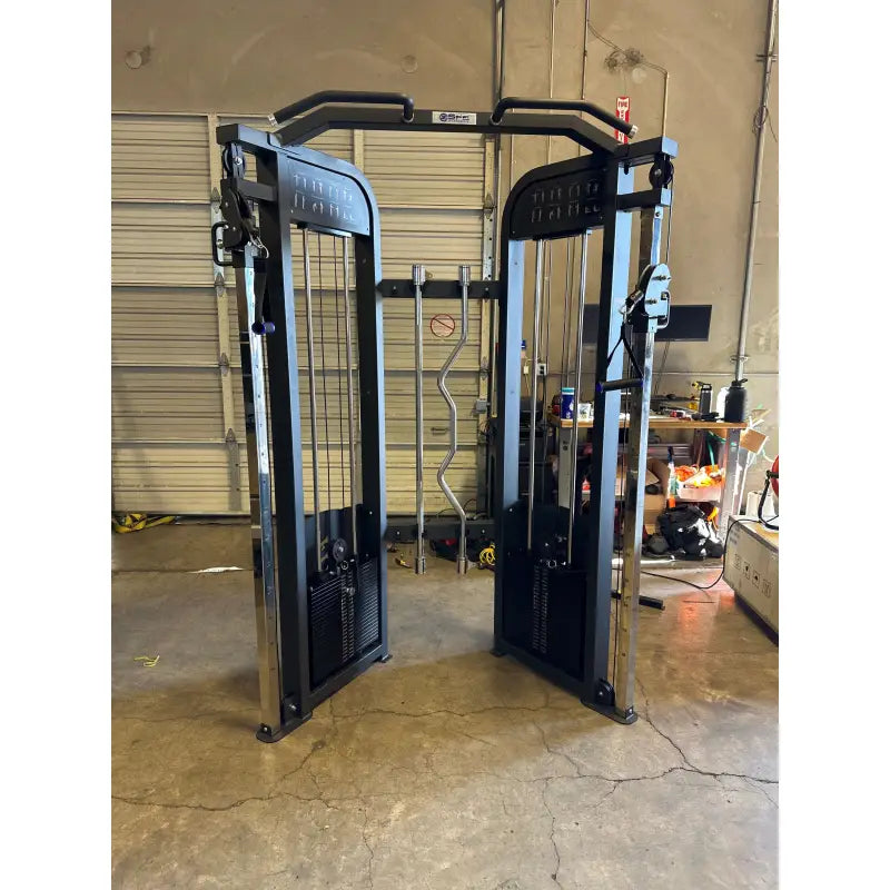 Black and silver SFE Commercial Functional Trainer with 250lb weight stack for versatile workouts