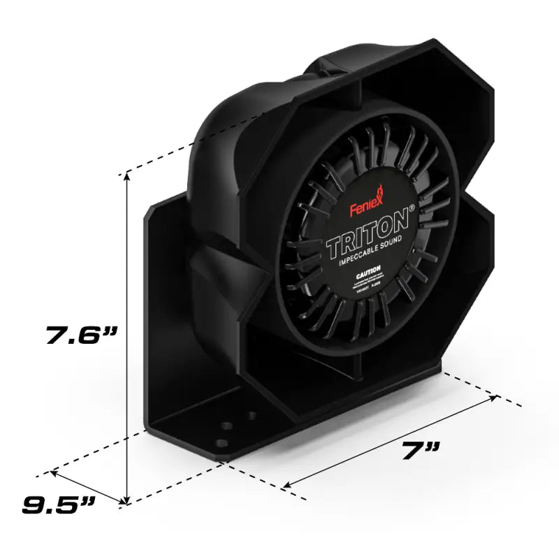 Black siren with dimensions for Feniex Triton 100W speaker, a durable Triton 100W speaker