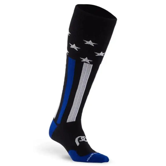 Black ski sock with blue stripes and white airplane designs for First Responder Blue