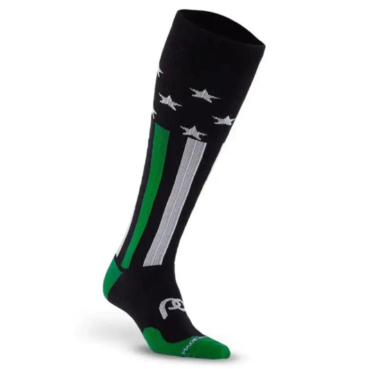 Black ski sock with green and silver stripes for First Responder Green style