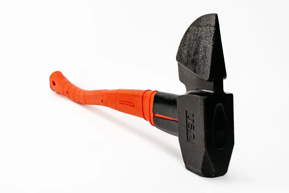 Black sledgehammer with orange composite handle, a USA patented striking tool