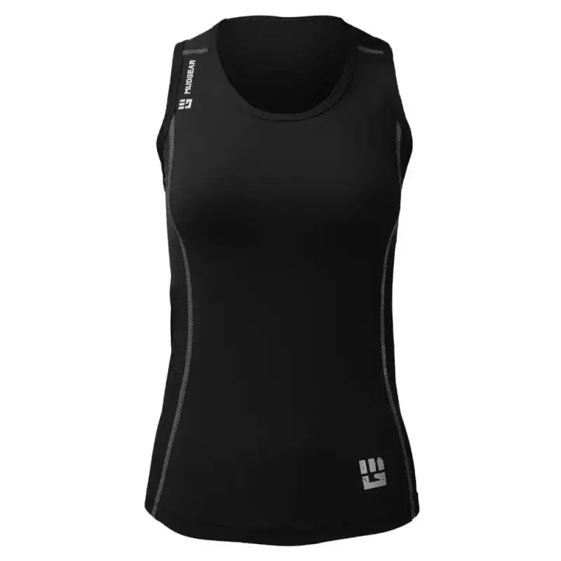 Black sleeveless women’s performance racerback tank with contrast stitching and logos