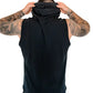 Black sleeveless hoodie with tattooed arms showcasing the Warrior Sleeveless Hoodie