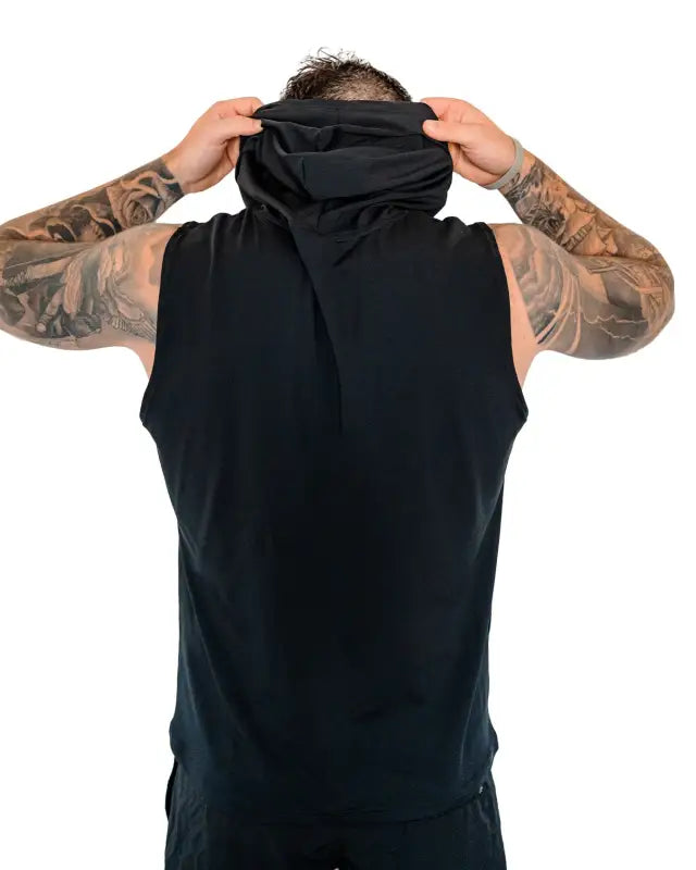 Black sleeveless hoodie with tattooed arms showcasing the Warrior Sleeveless Hoodie