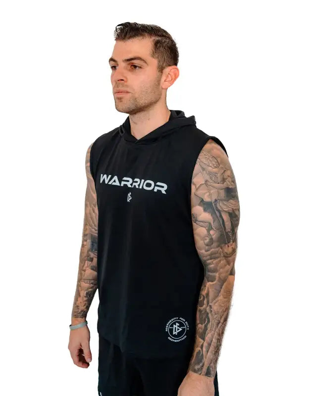 Black sleeveless hoodie featuring WARRIOR text, perfect for a warrior sleeveless look