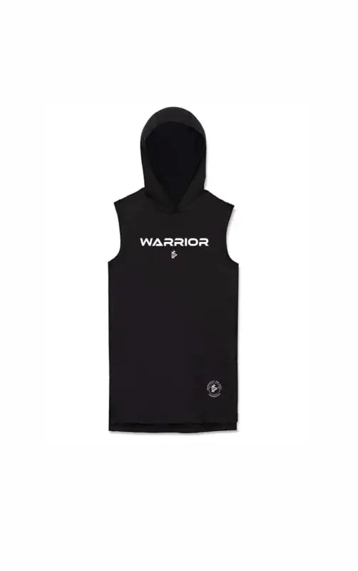 Black sleeveless hoodie featuring Warrior text, perfect for the Warrior Sleeveless collection