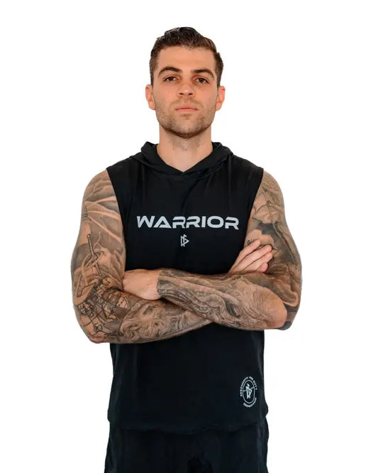 Black sleeveless hoodie with WARRIOR text, perfect for active lifestyles and gym wear