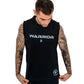 Black sleeveless hoodie featuring WARRIOR text and tattoo-covered arms in action