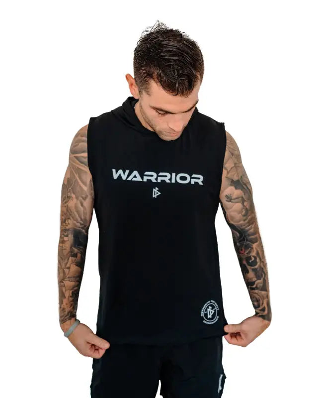 Black sleeveless hoodie featuring WARRIOR text and tattoo-covered arms in action