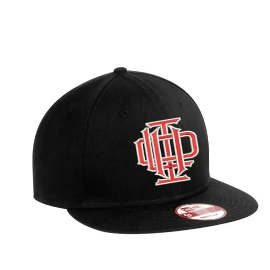 Black snapback baseball cap with red and white interlocked logo from IDLH Scramble