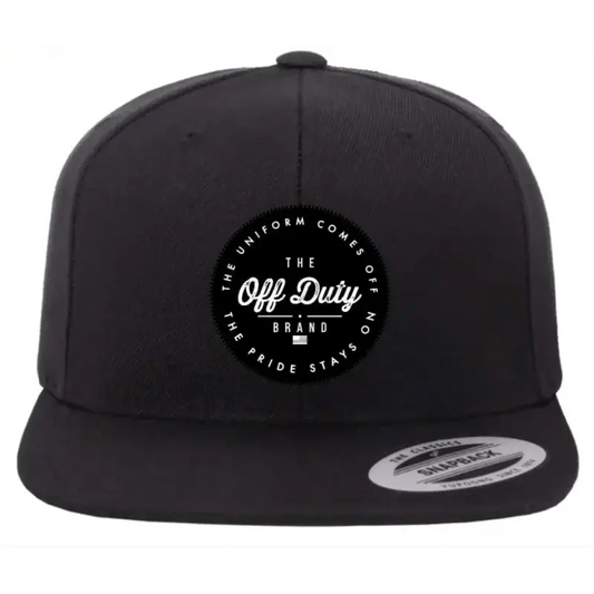 Black snapback cap featuring Off Duty Brand logo patch, perfect for duty essential style