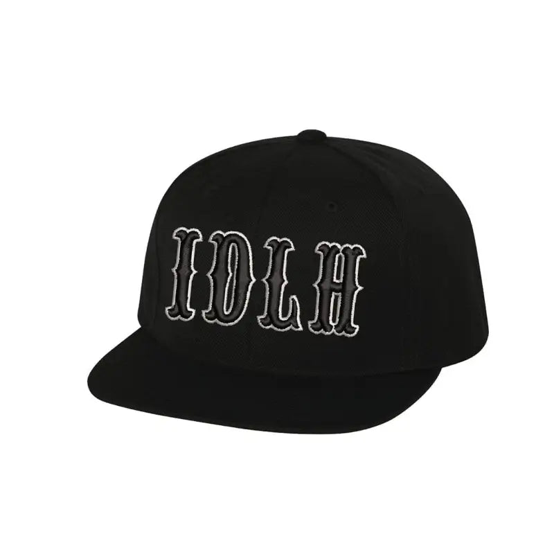 Black snapback cap with IDLH font logo in white outline on stylish background