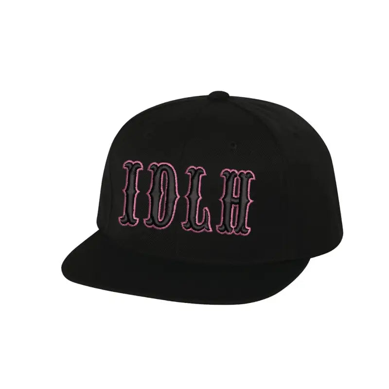 Black snapback cap with pink outlined IDLH font logo for stylish pink black fashion