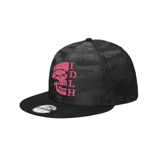 Black Camo Snap OG Skull cap with pink skull design and IDLH text by New Era