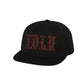 Black snapback cap with red IDLH font logo embroidered on the front