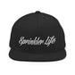 Black Sprinkler Life Snapback Hat with white script on stylish cap