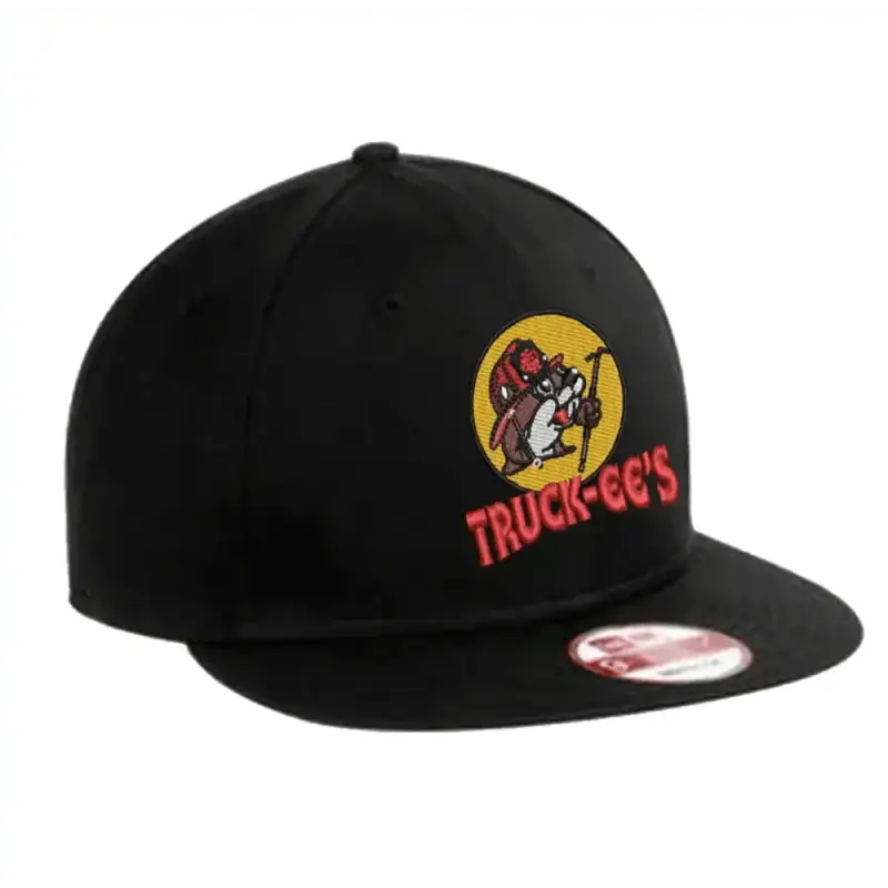 Black snapback cap with Tasmanian Devil logo patch from Truck-ee’s, perfect fitted trucker style