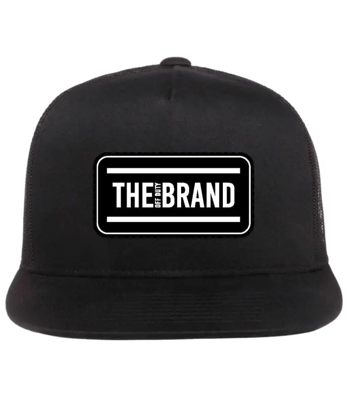 Black snapback hat featuring THE BRAND patch from Classic Collection Trucker line