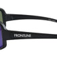 Black Alpha Sunglasses with blue-green mirrored lenses and FRONTLINE branding