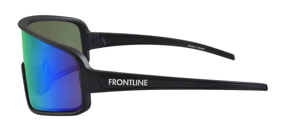 Black Alpha Sunglasses with blue-green mirrored lenses and FRONTLINE branding