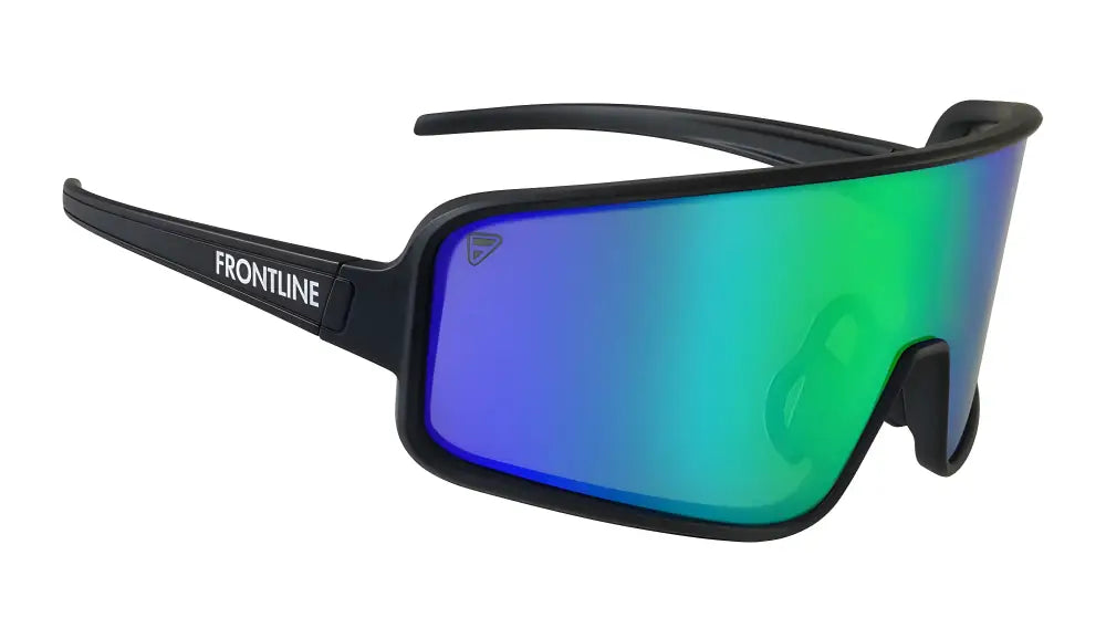 Black polarized Alpha Sunglasses with green-blue mirrored shield lens