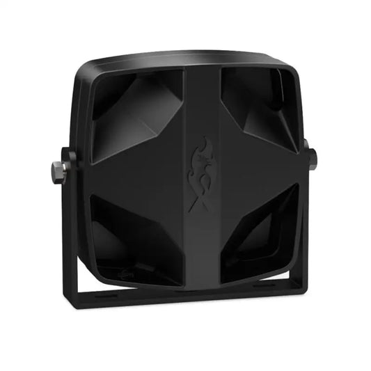 Black square Feniex Vanguard 100-Watt speaker with mounting bracket for automotive use