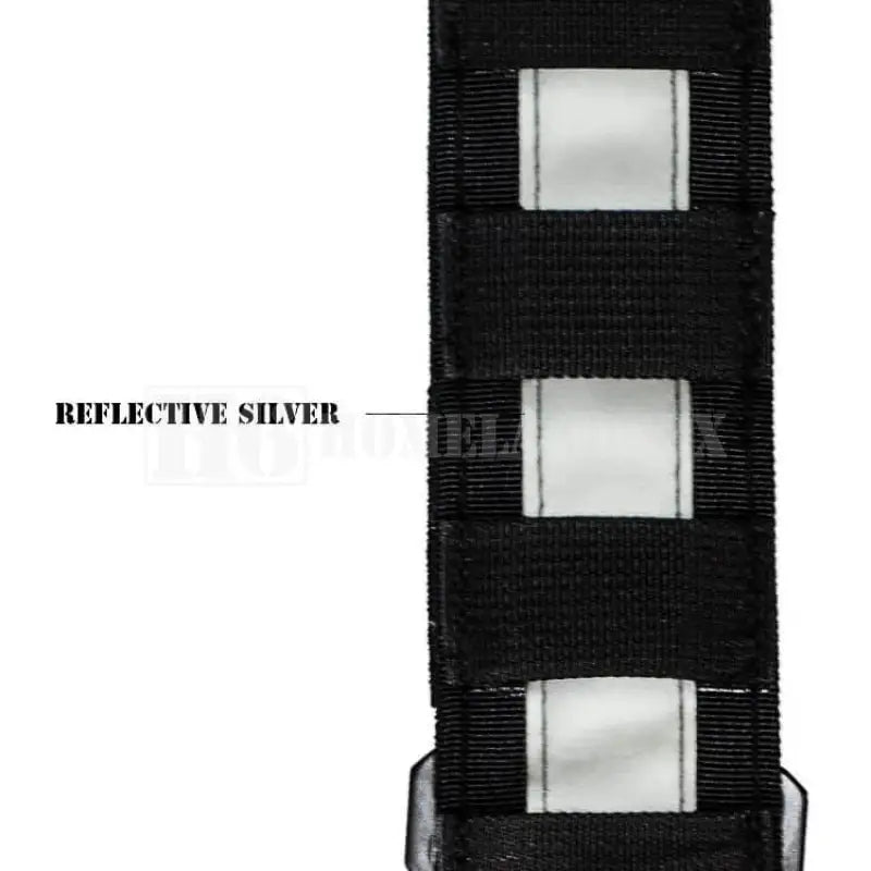 Black radio strap featuring three silver reflective squares for reduced visibility conditions