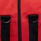 Black straps and zipper detail on red fabric of Deluxe Step-In Firefighter Gear Bag