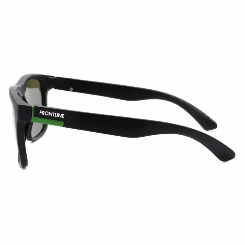 Black sunglasses with green Frontline logo on temple arm, Pomona Celtic for first responders