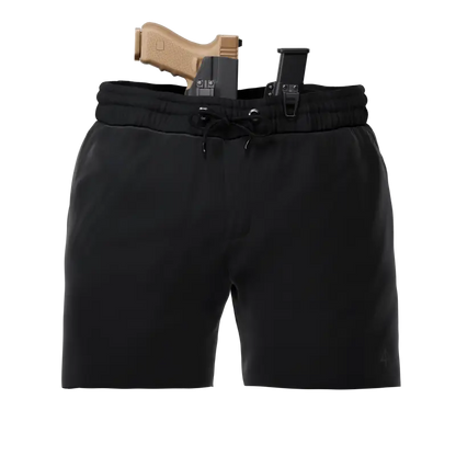 Black carrier training shorts with concealed carry firearm for discreet protection