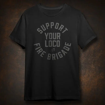 Black t-shirt featuring the Fire Brigade Loco Tee design perfect for casual wear