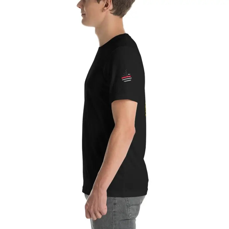 Black t-shirt with American flag patch, Engine 19 back logo in Dark Grey Heather