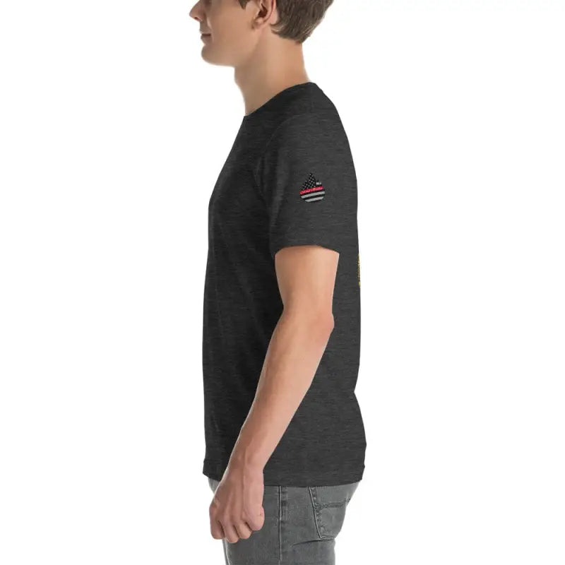 Black Short-Sleeve Unisex T-Shirt with American flag detail on sleeve, Engine 19 design