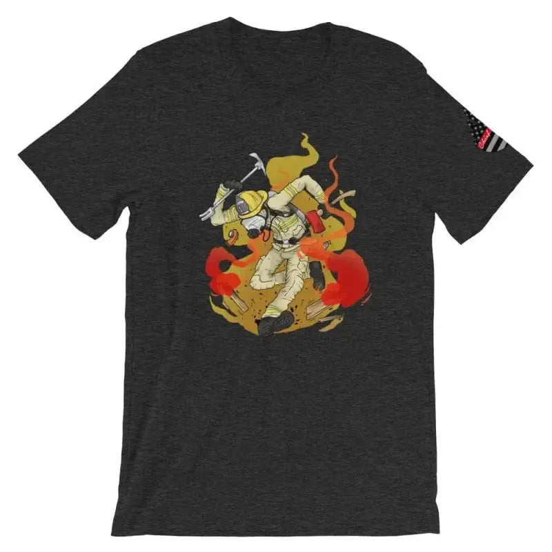 Black t-shirt with anime character design and flames, featuring an American flag sleeve